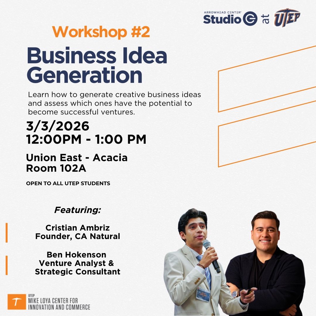Studio G business idea workshop poster featuring Cristian Ambriz