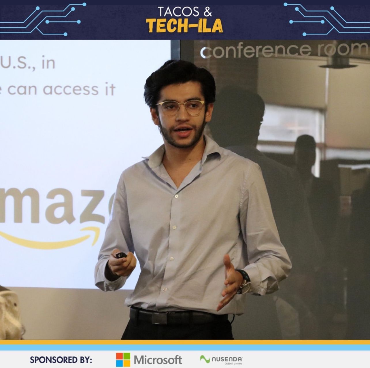 Cristian Ambriz presenting at Tacos and Tech-ILA